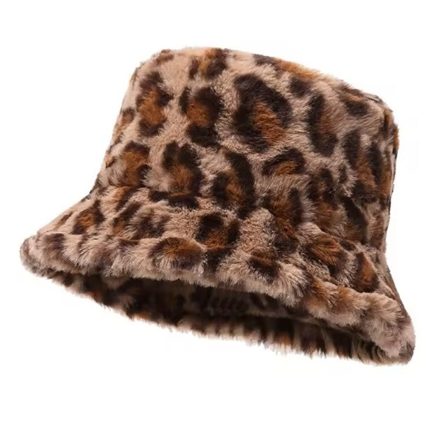 Fluffy Leopard Print Bucket Hat