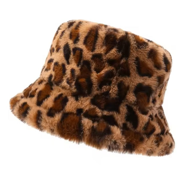 Fluffy Leopard Print Bucket Hat